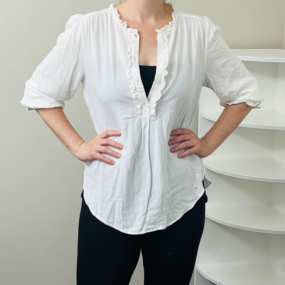 Women’s White Ruffle-Trim V-Neck Blouse